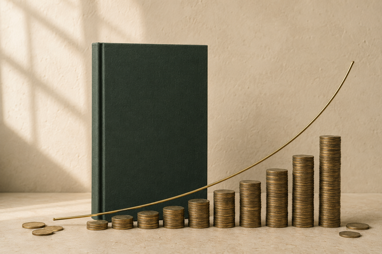 An unmarked green book beside rising stacks of coins and a curved growth line