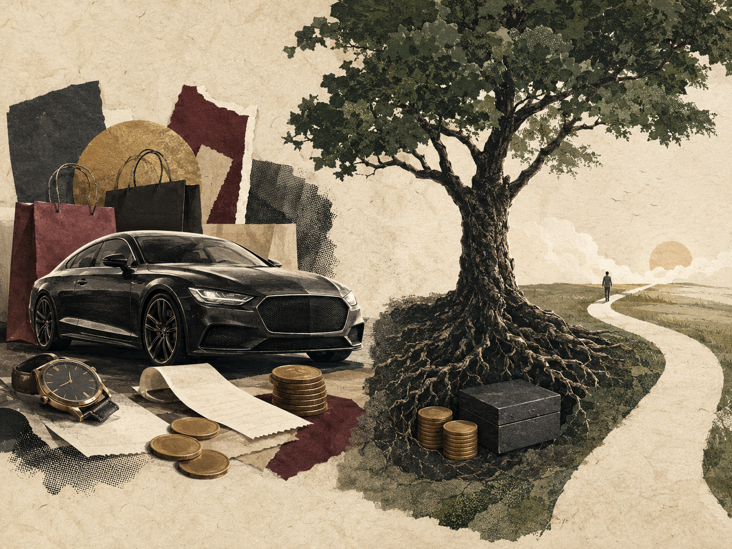 A luxury car and shopping bags contrasted with quiet savings beneath a large tree and an open road