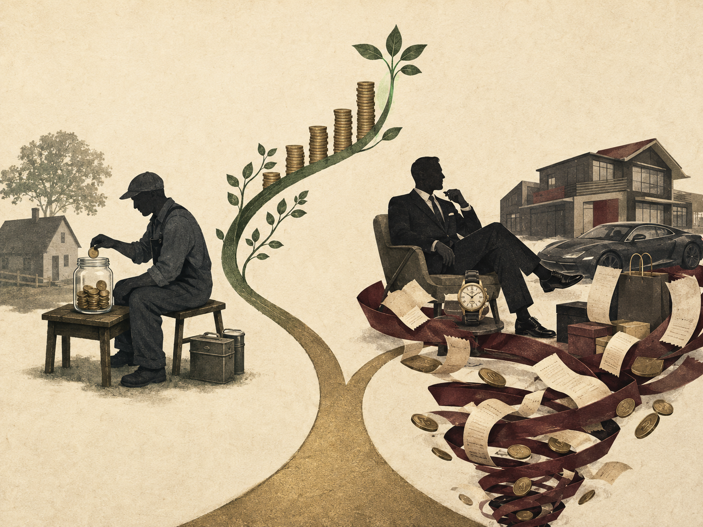 A modest worker saving steadily contrasted with an executive surrounded by luxury and debt